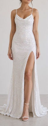 Sophia Thomas White Sequin Open Back Cut Out Prom Bridal Glam Maxi Gown Dress Photo 0