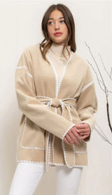 Vici Beige Fleece Scallop White Whipstitch Belted Cardigan Jacket Wrap Large Photo 0