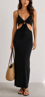 L*Space Black Ribbed Tie-Front Cutout Maxi Dress M Photo 0