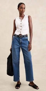 Banana Republic Mid-Rise Barrel Jean Medium‎ Wash Blue Denim 27/4 Knee Dart Photo 0