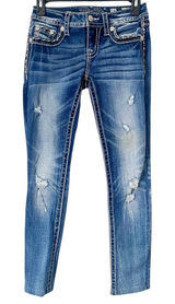 Miss Me Blue Distressed Embellished Low Rise Skinny Jeans Size‎ 0/24 Photo 0