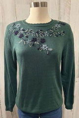 Vintage Beaded Floral Knit Sweater Green Embroidered‎ Pullover small Photo 0