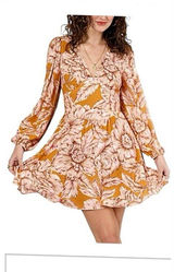 B.O.G Band of the‎ Free Long Sleeve Mini Dress Gold Blush Pink Floral Medium New Photo 0