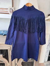 Tuckernuck Dress Women Navy‎ Blue Cowgirl Suede Fringe Long Sleeve Size XSmall Photo 0
