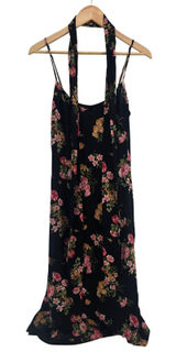 Reformation Midi Dress Womens 6 Floral Black Pink Scarf Neck Viscose EUC Photo 0
