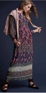 CAbi Size-L Festive Maxi Dress Retro Floral Paisley Print Blue Burgundy Photo 0