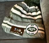 New Era NWT New York Jets Pom Knit Beanie Green White Striped‎ Hat Unisex Photo 0