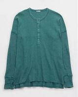 OFFLINE By Aerie Wow! Waffle Henley T-Shirt Long Sleeve Thumbholes Green Small Photo 0