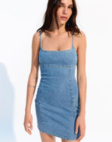 denim mini dress with spaghetti straps. Blue Photo 0