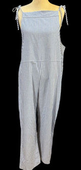 Striped Blue L Tie Shoulder Wide Leg Jumpsuit Overall Preppy Cotton‎ Summer Cute Photo 0