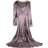 AREA‎ STARS Lavender Satin Ruffle Slit Long Dress Square Neck Long Sleeve S Photo 0