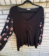 Maurices Black V-Neck Long Sleeve Top with Pink Floral Sleeves Photo 0