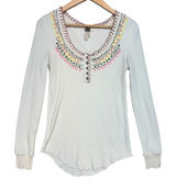 We The Free Free People White Waffle Knit Embroidered Henley Thermal Top Large Photo 0