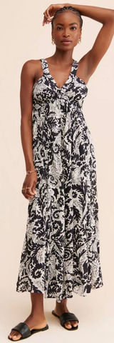 Anthropologie‎ Drama V Neck Maxi Dress Sz M Black White Open Back Photo 0
