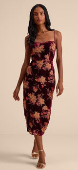 New Lulus Erisa Burgundy Velvet Floral Burnout Midi Dress Size Medium MSRP $88 Photo 0
