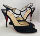Y2K Christian Louboutin Ernesta Black Satin T-Strap Peep Toe Heels EU 37 Photo 0