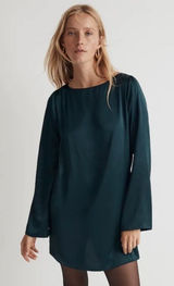 NWOT MADEWELL Long Bell Sleeve Satin Shift Dress in Smoky Spruce, Medium Photo 0