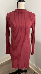 Minimalist Ribbed Mock Neck Dress XS Long Sleeve Y2K Fall Rust‎ Red Cabin Preppy Photo 0