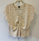 Ann Taylor Tan White Floral Damask Twist Front V-Neck Blouse Top Size Med Photo 0