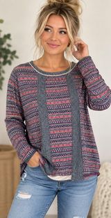 The Nines Women’s Size Medium Blue Red Geometric Print Long Sleeve Sweater Photo 0