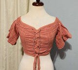 Windsor Women Coral Peasant Lace-Up Off the Shoulder Cottagecore Cropped Top L Photo 0