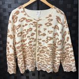Chico's Cardigan Sweater Cream Tan Leopard Animal Print Lace Trim Casual 2/L Photo 0