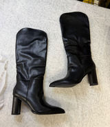 LQFQ Womens Black Knee High Boots Pointed Toe‎ Slouchy Block Chunky Heel Size 9 Photo 0