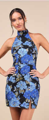 Lulus Extraordinary Impression Black Floral Jacquard Halter Mini Dress Large NWT Photo 0