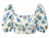 Zara Linen Blend Floral‎ Crop Top Puff Sleeve Smocked White Blue Women's M Photo 0