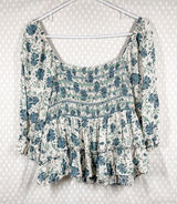 American Eagle Green White Floral Smocked Puff‎ Sleeve Top Photo 0