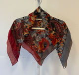 Vintage 70s Oscar de la Renta Floral Paisley Square Scarf Red Grey Silk 29x29 Photo 0