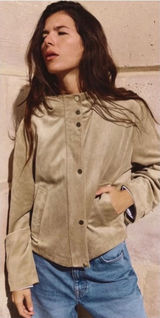 Zara Faux Suede Bomber Jacket Women Large Tan Minimalist Elastic Hem Snap Front Photo 0