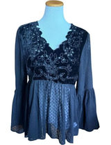 Womens Vintage Kyra Swiss Dot & Black Lace Semi Sheer Bell Sleeve Top - Sz XL Photo 0