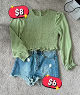 Sage Green Smocked Puff Long Sleeve Crop Top Ruffle Trim Casual Blouse Photo 0