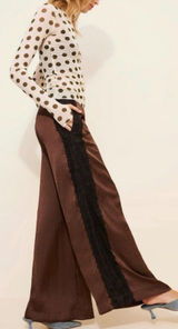 Anthropologie Brown Crinkle Satin Wide Leg Pants Black Lace Trim XL NEW Photo 0