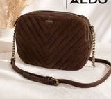 ALDO Women’s Brown Quilted Chevron Crossbody Bag Gold Chain Double Zip Strap Photo 0