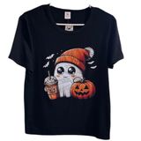 Pumpkin Boo Spice Black Short Sleeve Tee Shirt. Adorable Little Ghost & Pumpkins Photo 0