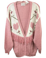 VTG Plus Size 20W Sweater Pink‎ Hand Knit Heart Fringe Cardigan Cottagecore 774 Photo 0
