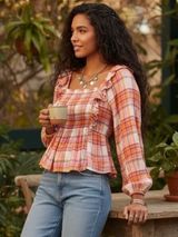 NWT Free People Sienna Plaid Ruffle Long Sleeve Blouse Women's S Prairie‎ Chic Photo 0