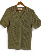 Christopher & Banks Vintage y2k Women's S Green Open Knit Mesh V-Neck Button Ramie Cotton Cardigan Photo 0