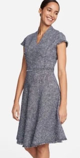 NWT J. McLaughlin Zinnia Tweed Dress Sz 2 Dark Navy/White Lined Fringe Office Photo 0