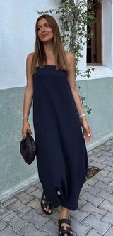 Zara strapless tube flowy navy blue summer vacation casual dress Photo 0