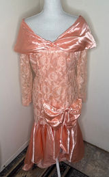 Vintage 1980s Peach Satin & Lace Off-the-Shoulder Prom Formal Gown Oversized Bow Photo 0