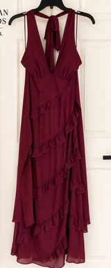 American Threads Burgundy Ruffle‎ Halter Midi Dress Wine Red Tiered V-Neck Small Photo 0