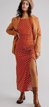 Free People Lakeside Heart Printed Midi Dress Orange Ginger Combo Sz M NWT Photo 0