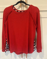 Tru Luxe Jeans Red Textured Knit Top Side Tie Checkered Trim gameday Small Photo 0