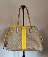 Coach Beige Signature Canvas Tote with Yellow Center Stripe and Tan Handles Photo 0