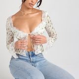 House of CB | Clarissa Garden Print Lace Trim Tie Front Top‎ in Ivory & Green Photo 0