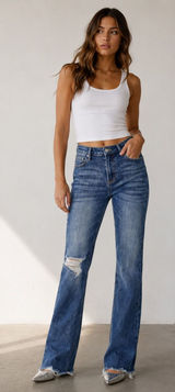 Risen High Rise Distressed Raw Hem Long Inseam Straight Leg Denim Jeans Photo 0