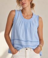 Flowy Lace Inset Tank Top Cotton Blouse Med Blue Eyelet Ruffle Coastal Natural Photo 0